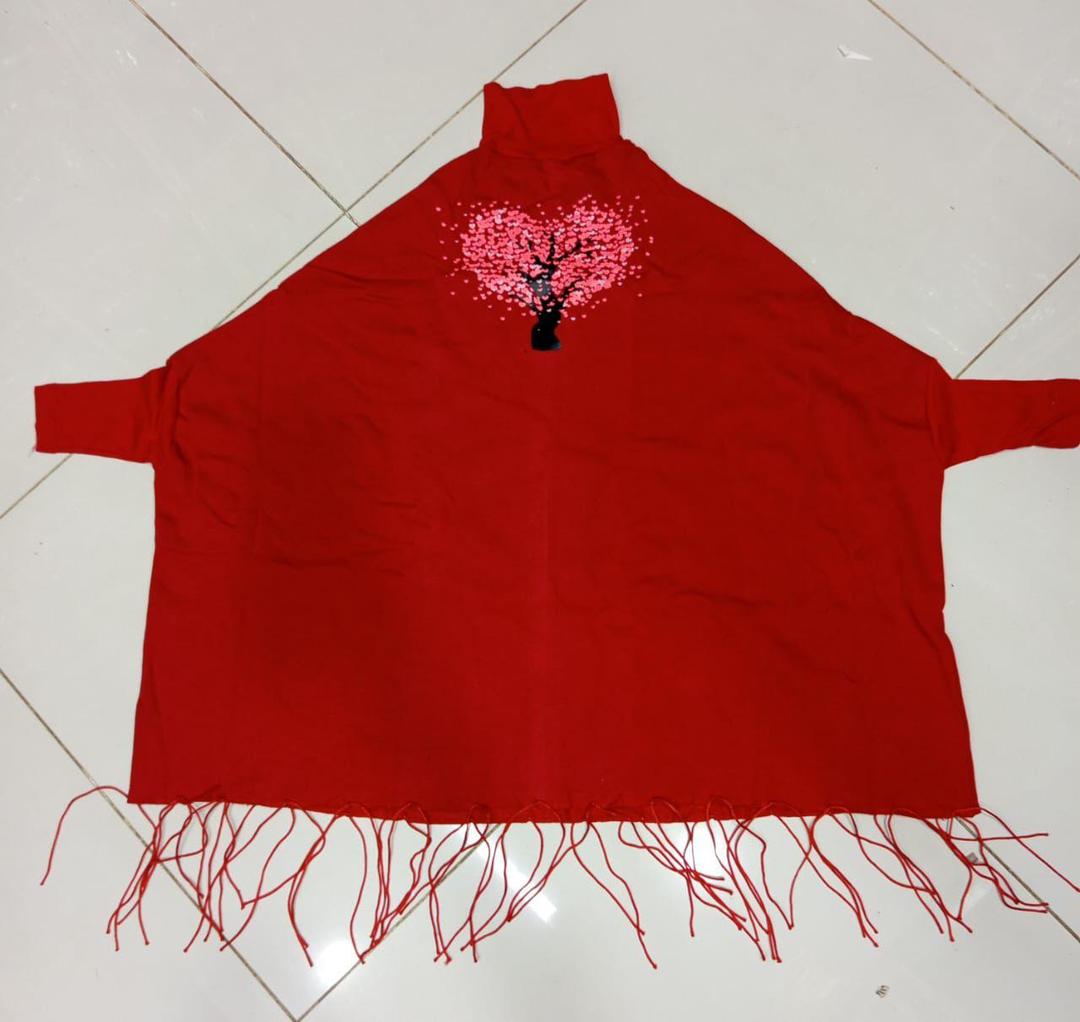 Women' s Fleece Printed Poncho Red