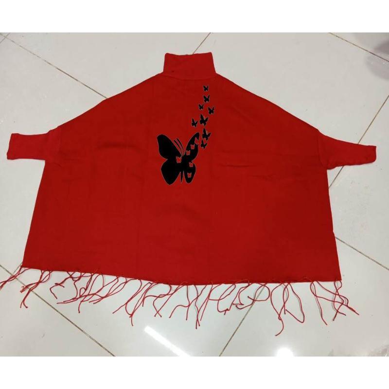 Women' s Fleece Printed Poncho Red