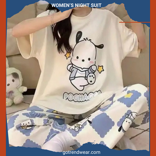 Women’s Trendy Printed Night Suits '' White & Blue 18 ''