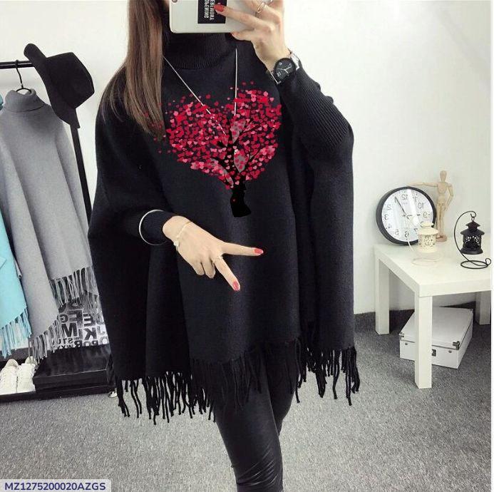 Women' s Fleece Printed Poncho Black