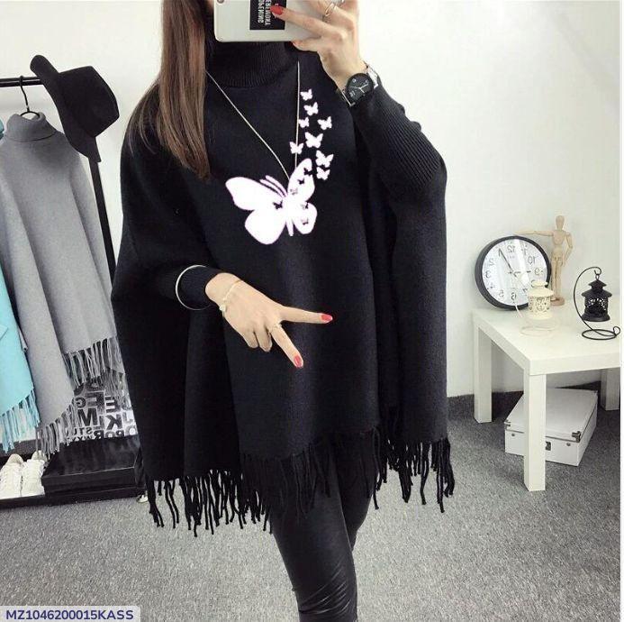 Women' s Fleece Printed Poncho Black