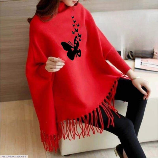 Women' s Fleece Printed Poncho Red