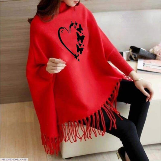 Women' s Fleece Printed Poncho Red