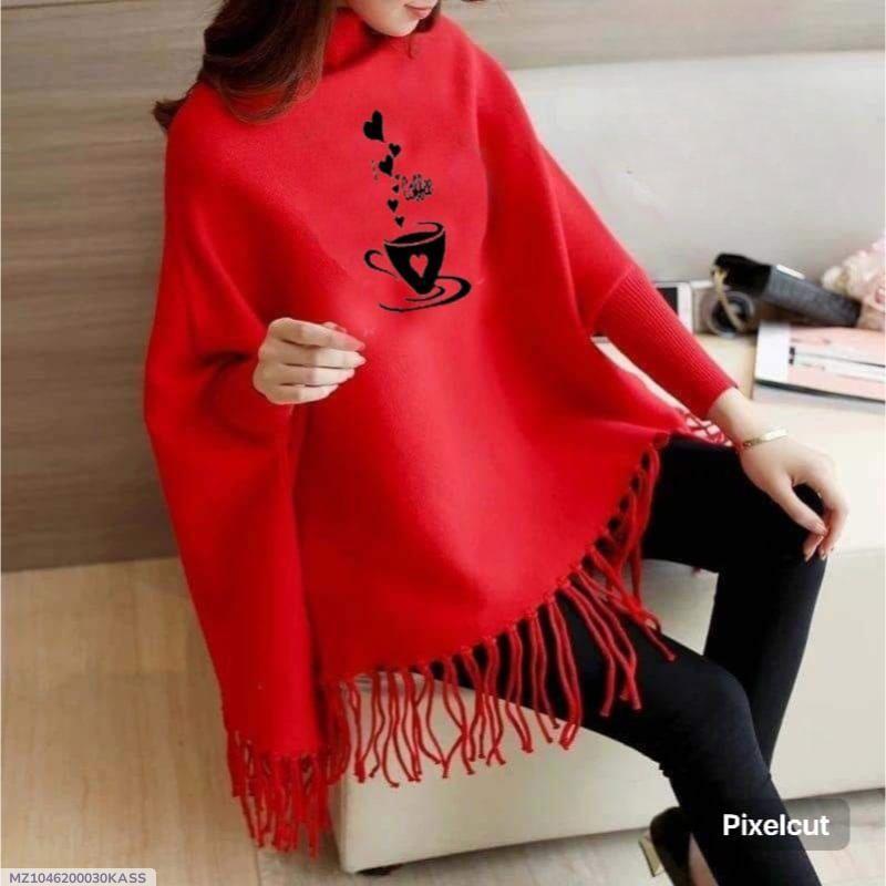 Women' s Fleece Printed Poncho Red