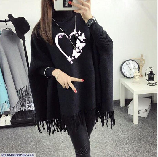 Women' s Fleece Printed Poncho Black