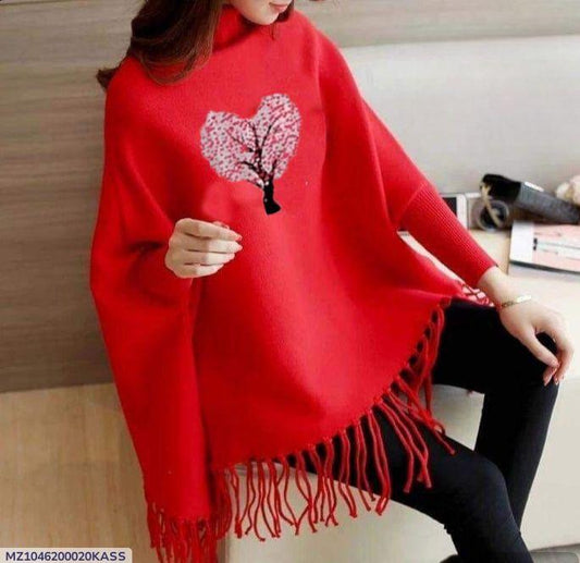 Women' s Fleece Printed Poncho Red