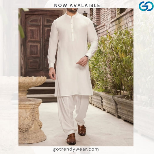 MEN'S BLENDED KAMEEZ SHALWAR WHITE