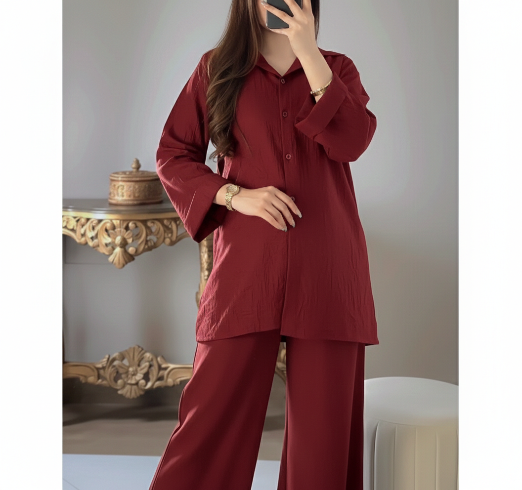 Mehroon Textured Western Cord Set for Women