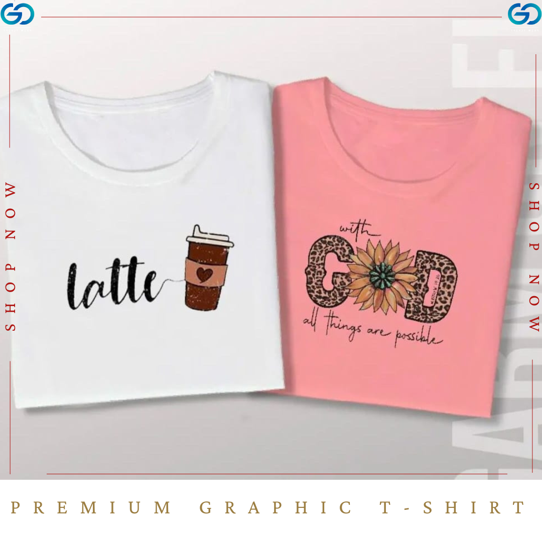 Premium Quality Graphic T Shirt (Pack of 2 Pcs)