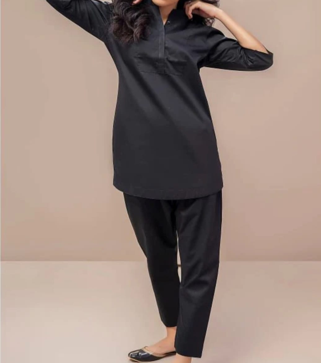 Womens Trendy Black Cotton Kurti with Shalwar