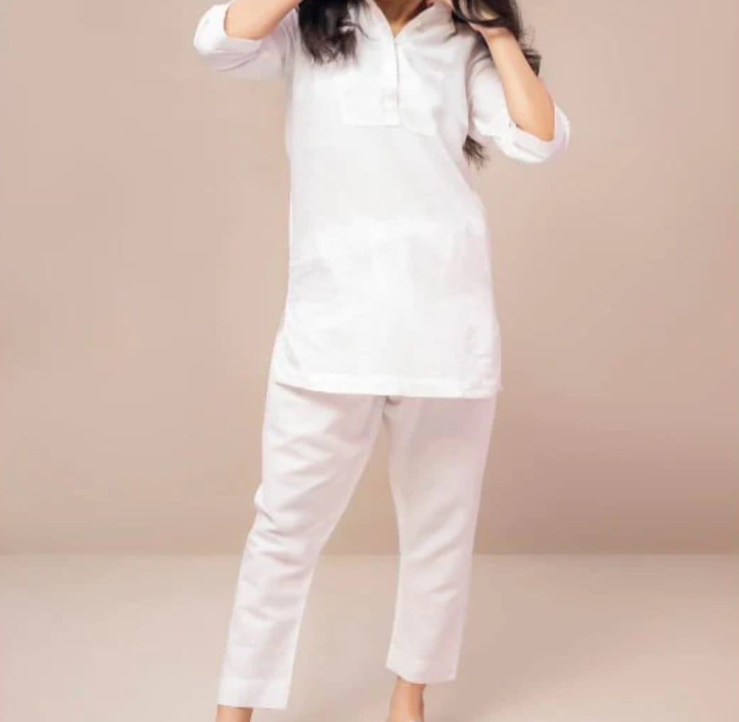 Womens Trendy White Cotton Kurti with Shalwar